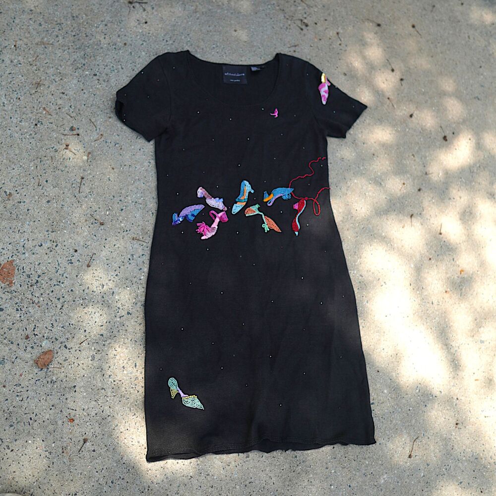 Vintage Michael Simon NY Beaded Embroidered Shoe Knit Dress Black Size S